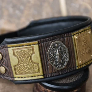 Antique brass Valknut embellishment on the ODIN Viking dog collar