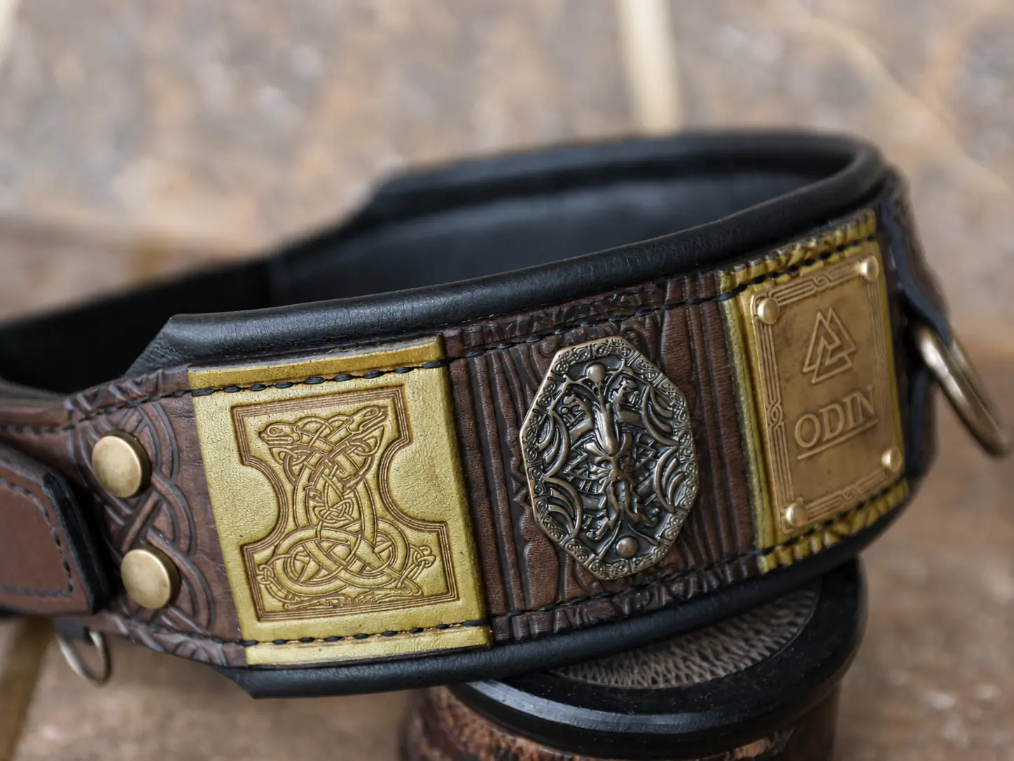 Antique brass Valknut embellishment on the ODIN Viking dog collar