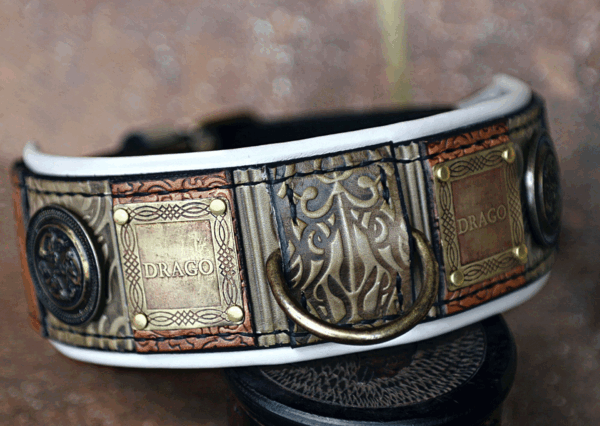 Antique leather dog collar with name GREEN IMPERIAL by SAURI