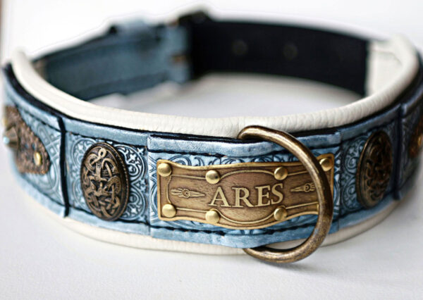 Baby blue leather dog collar with name BLUE SARDI by SAURI