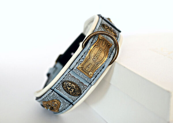 Baby blue leather dog collar with name VALKYRIE by SAURI
