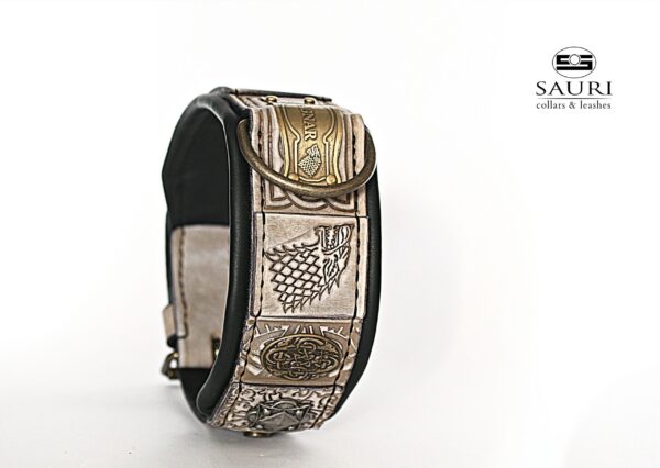 Beige leather Viking dog collar with name by Workshop Sauri scaled 1