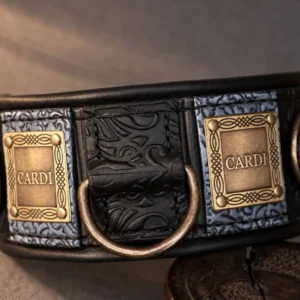 Black and grey personalized leather dog collar with antique nameplates by SAURI