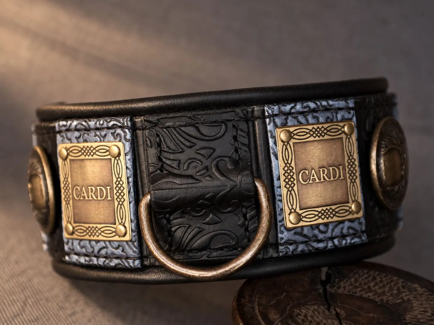 Black and grey personalized leather dog collar with antique nameplates by SAURI