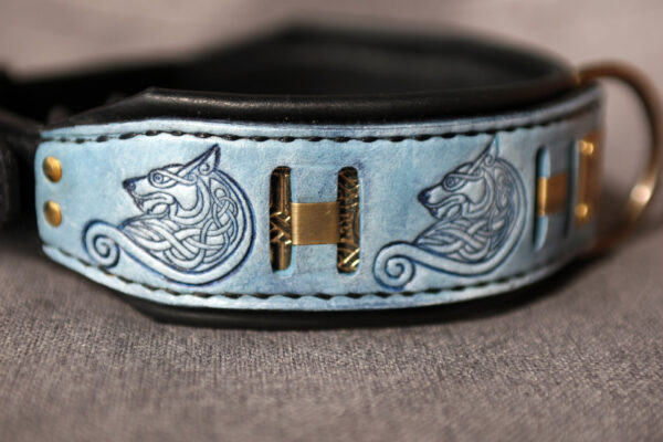 Blue leather wolf themed dog collar by Workshop sauri