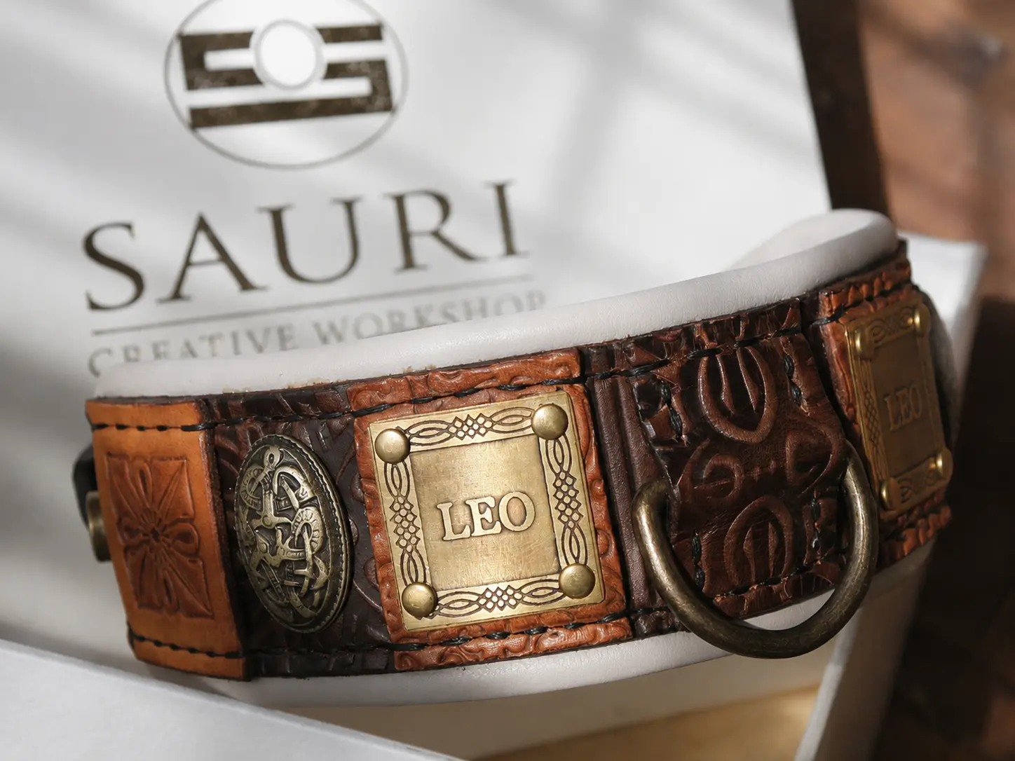 Brown leather dog collar with antique brass Celtic embellishments and nameplates by SAURI