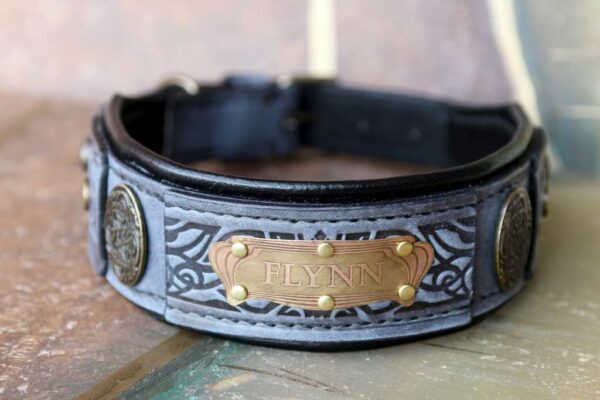 Grey leather dog collar nameplate