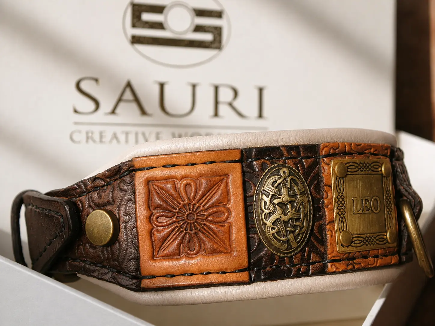 Hand embossed brown leather dog collar with Celtic inspired pattern by SAURI