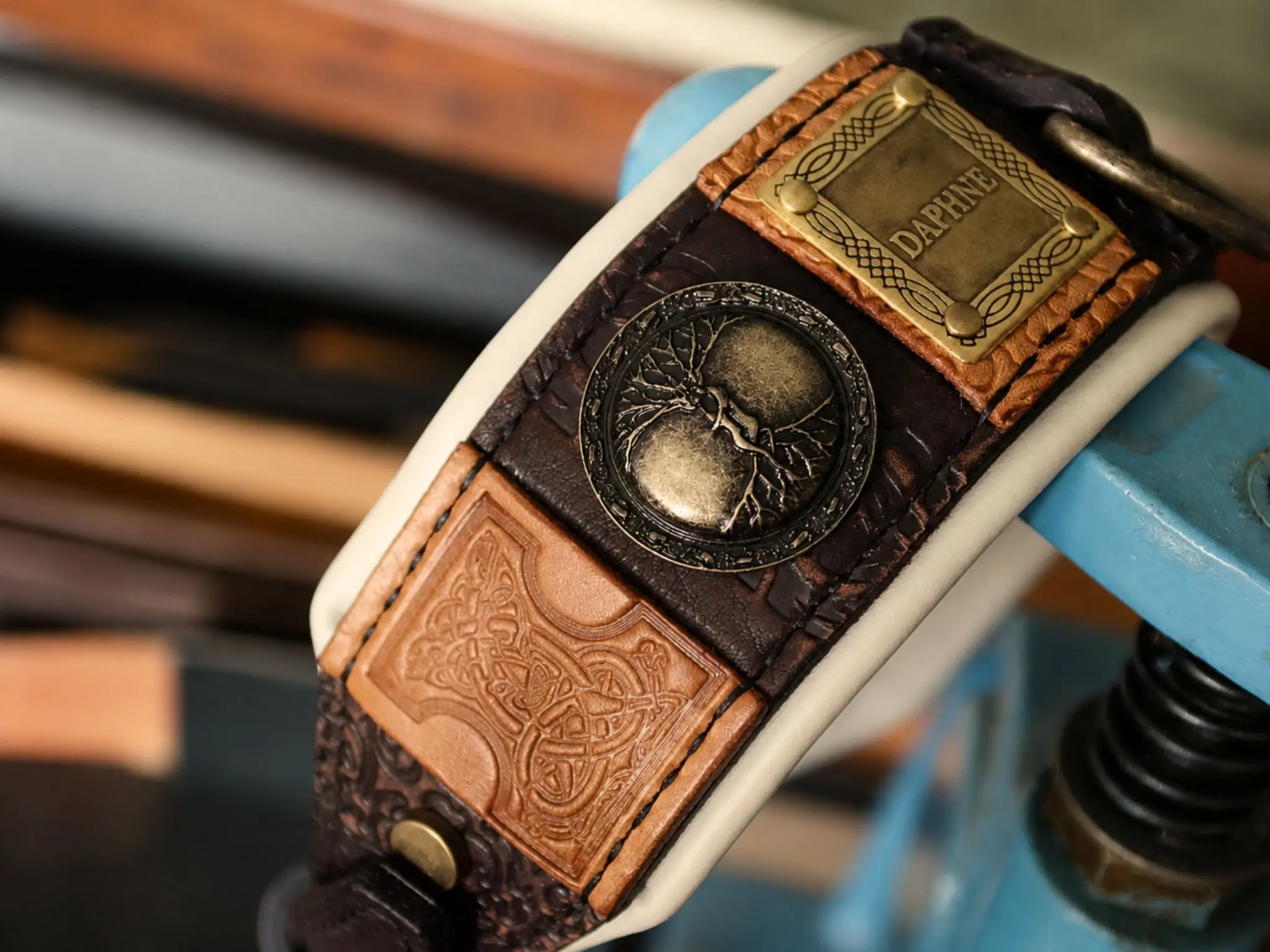 Handmade brown leather dog collar with antique nameplates IMPERIAL by SAURI