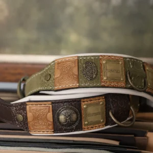 Handmade leather dog collars with antique nameplates by SAURI