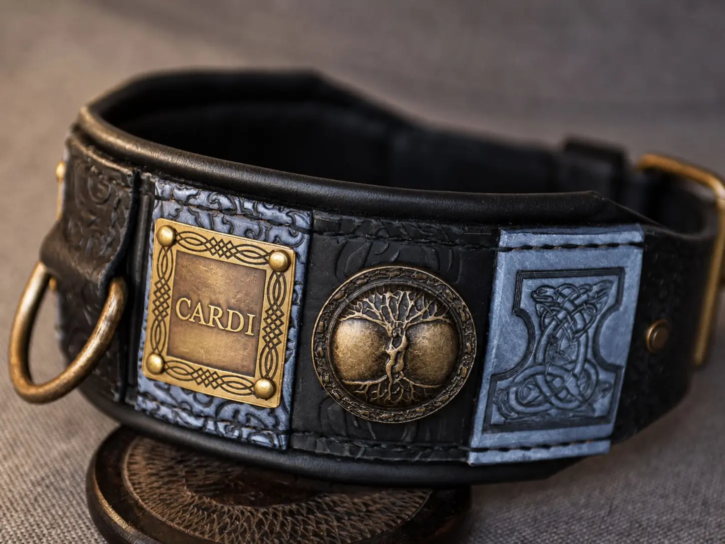 Luxury black and grey leather dog collar BLACK IMPERIAL by SAURI