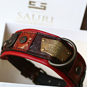 Luxury red and brown leather dog collar with name VIDOCQ by SAURI