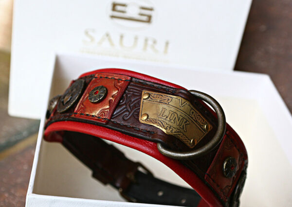 Luxury red and brown leather dog collar with name VIDOCQ by SAURI