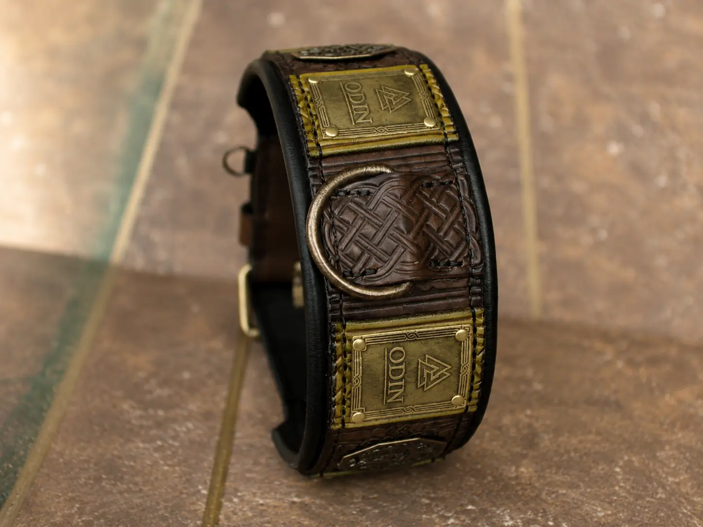 Norse inspired embossing on the handmade ODIN leather dog collar