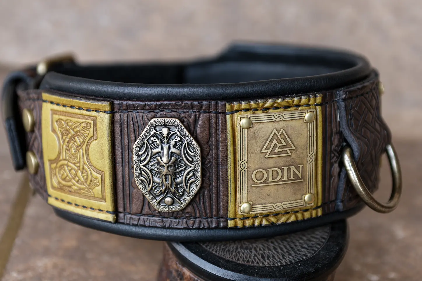 ODIN custom engraved big dog collar in brown and pistachio leather