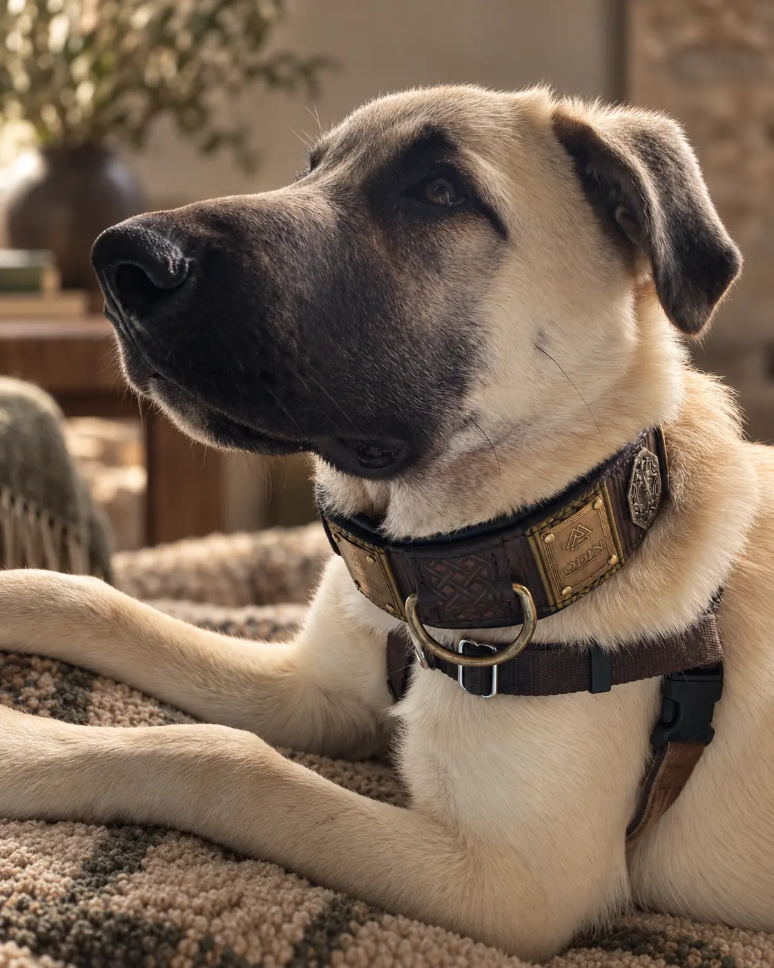 ODIN personalized leather dog collar worn by a large dog