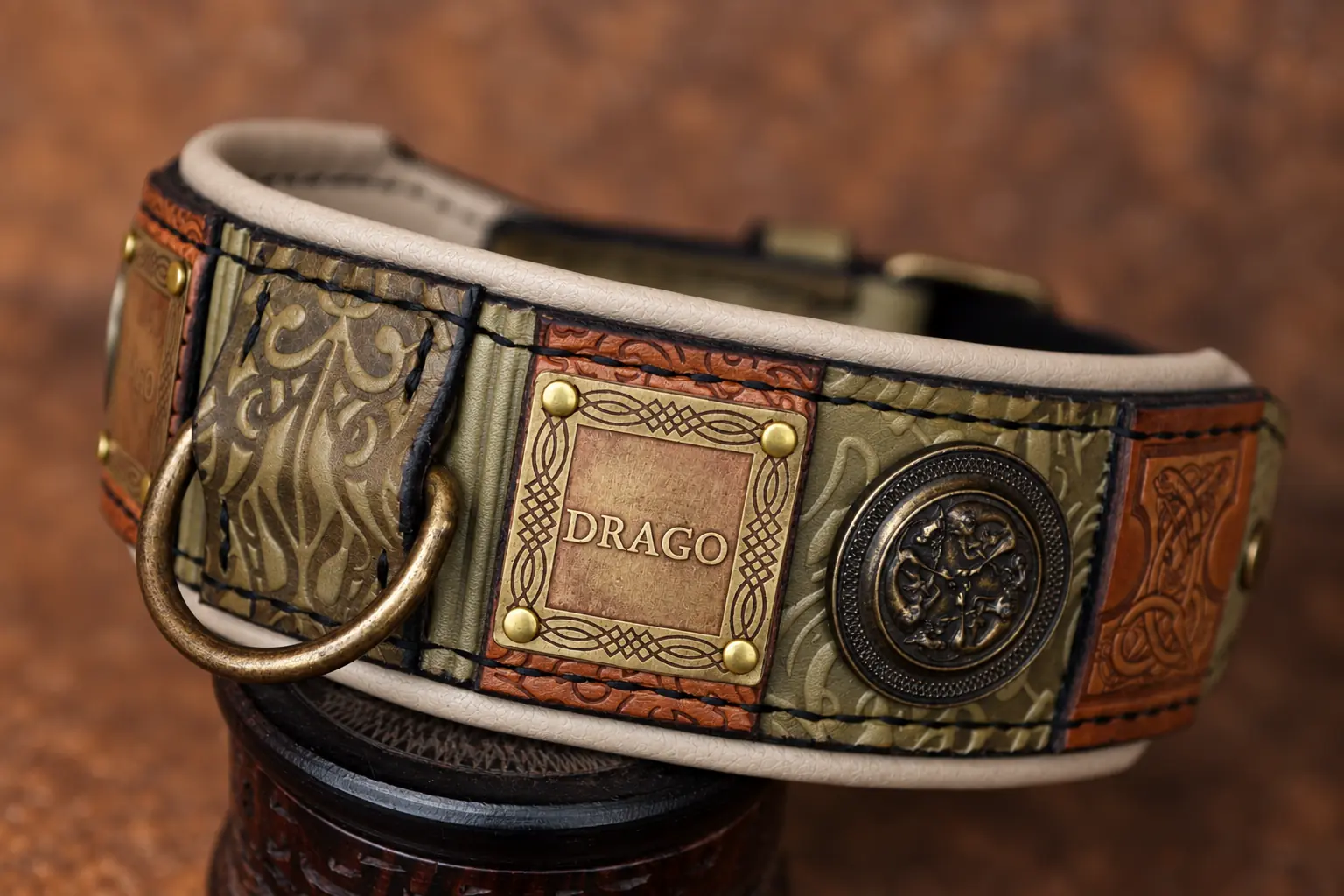 Olive green wide leather dog collar nameplates by SAURI