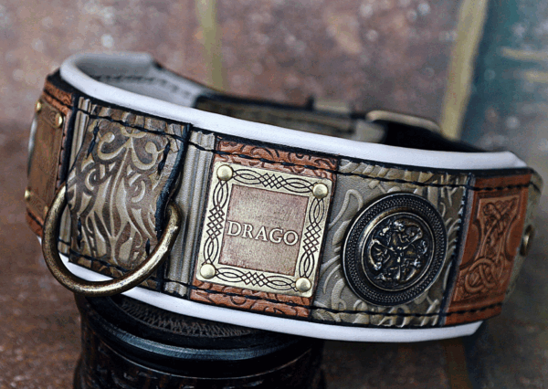Olive green leather dog collar with name IMPERIAL by SAURI