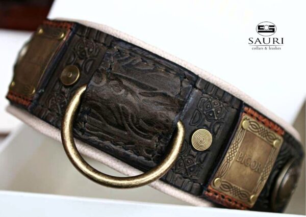 Padded leather dog collar with antique nameplates IMPERIAL by Workshop Sauri scaled 1