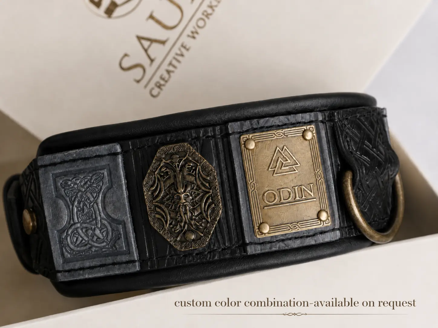 Personalized antique brass nameplate on the ODIN leather dog collar