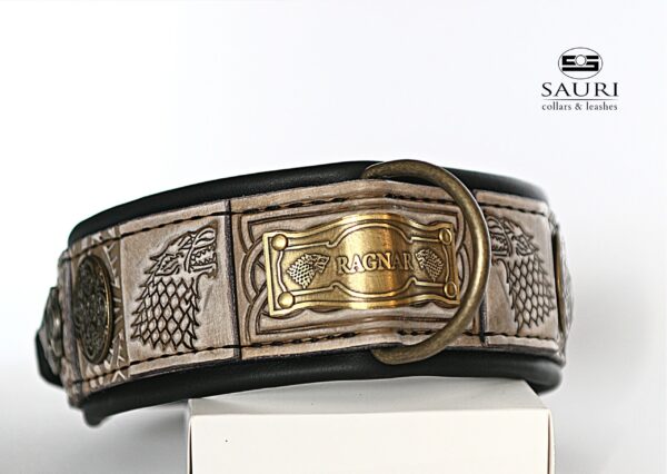 Personalized beige leather dog collar RAGNAR by Workshop Sauri scaled 1