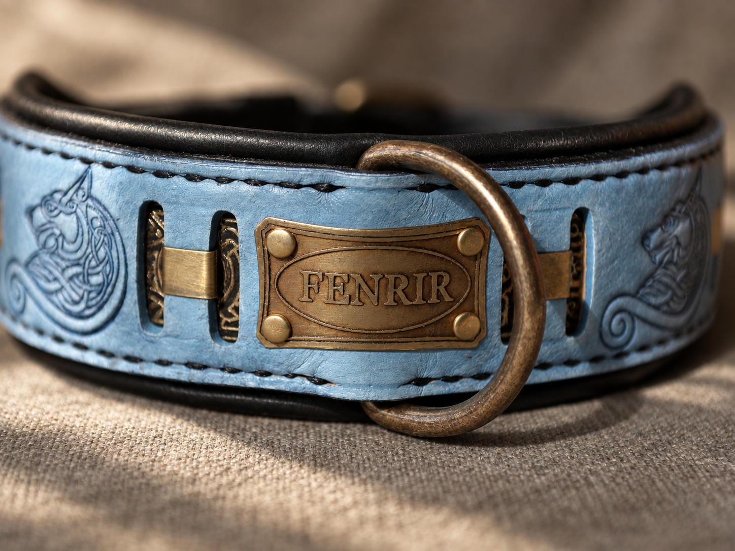 Personalized blue leather wolf themed dog collar FENRIR by SAURI