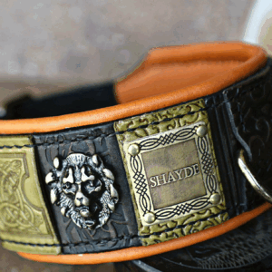 Personalized leather dog collar with lions SIMHA by SAURI