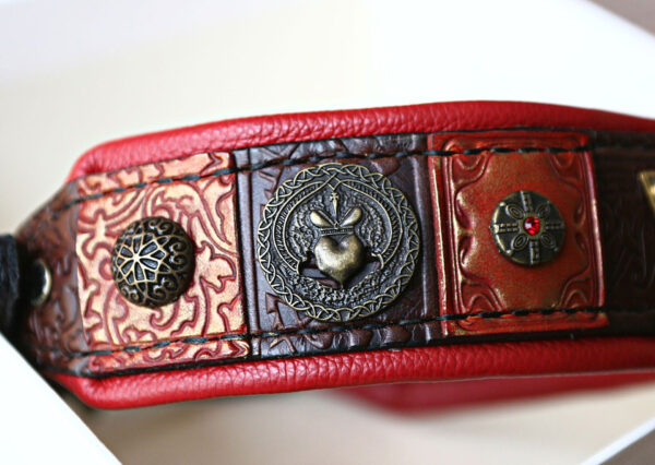 Personalized red and brown leather dog collar VIDOCQ by SAURI