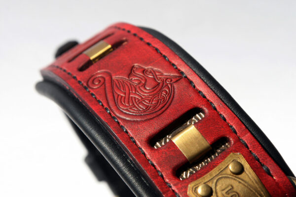 Personalized red leather dog collar FENRIR by Workshop Sauri