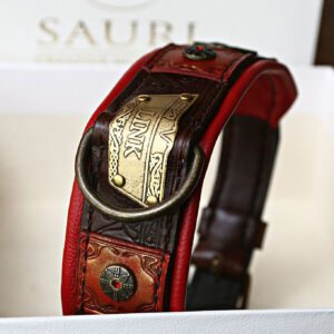 Red and brown leather dog collar with name and gems VIDOCQ by SAURI