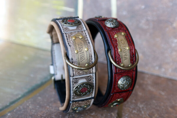 Red and tan leather dog collar by Workshop Sauri