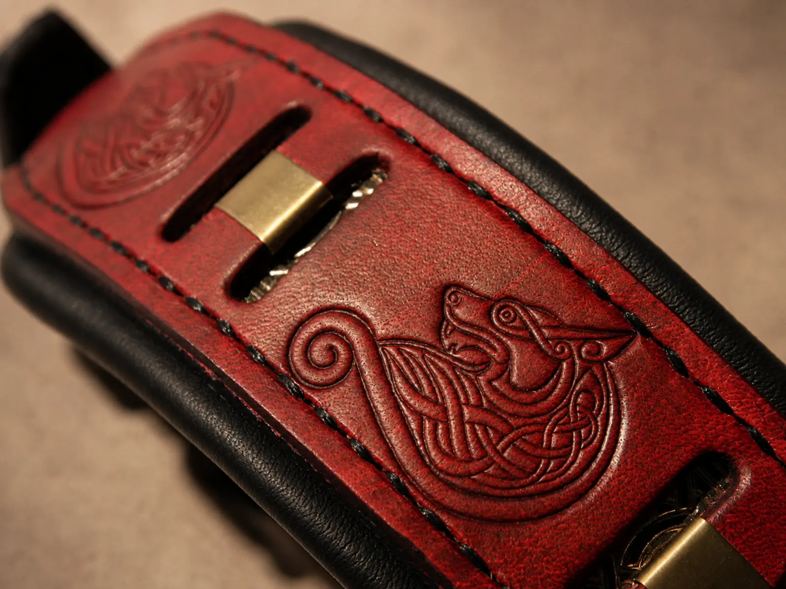 Red leather dog collar with wolves FENRIR by SAURI