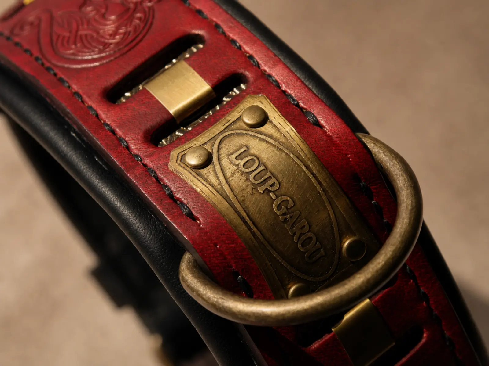 Red leather wolf themed dog collar FENRIR by SAURI