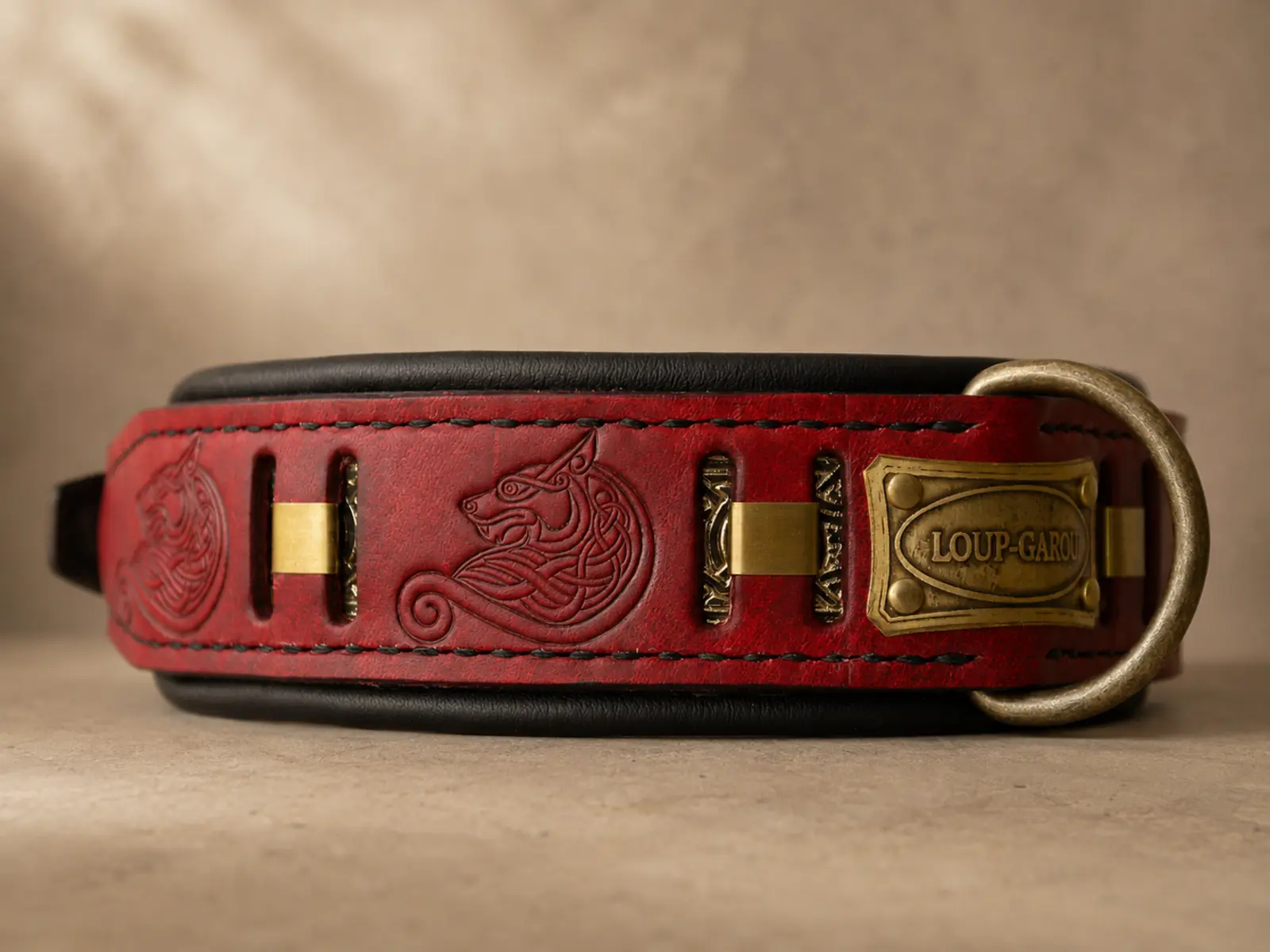 Red leather wolf themed dog collar with name FENRIR by SAURI