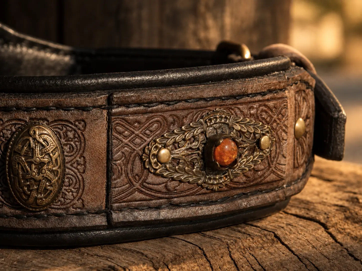 Rustic leather dog collar SARDI by SAURI embossed leather detail