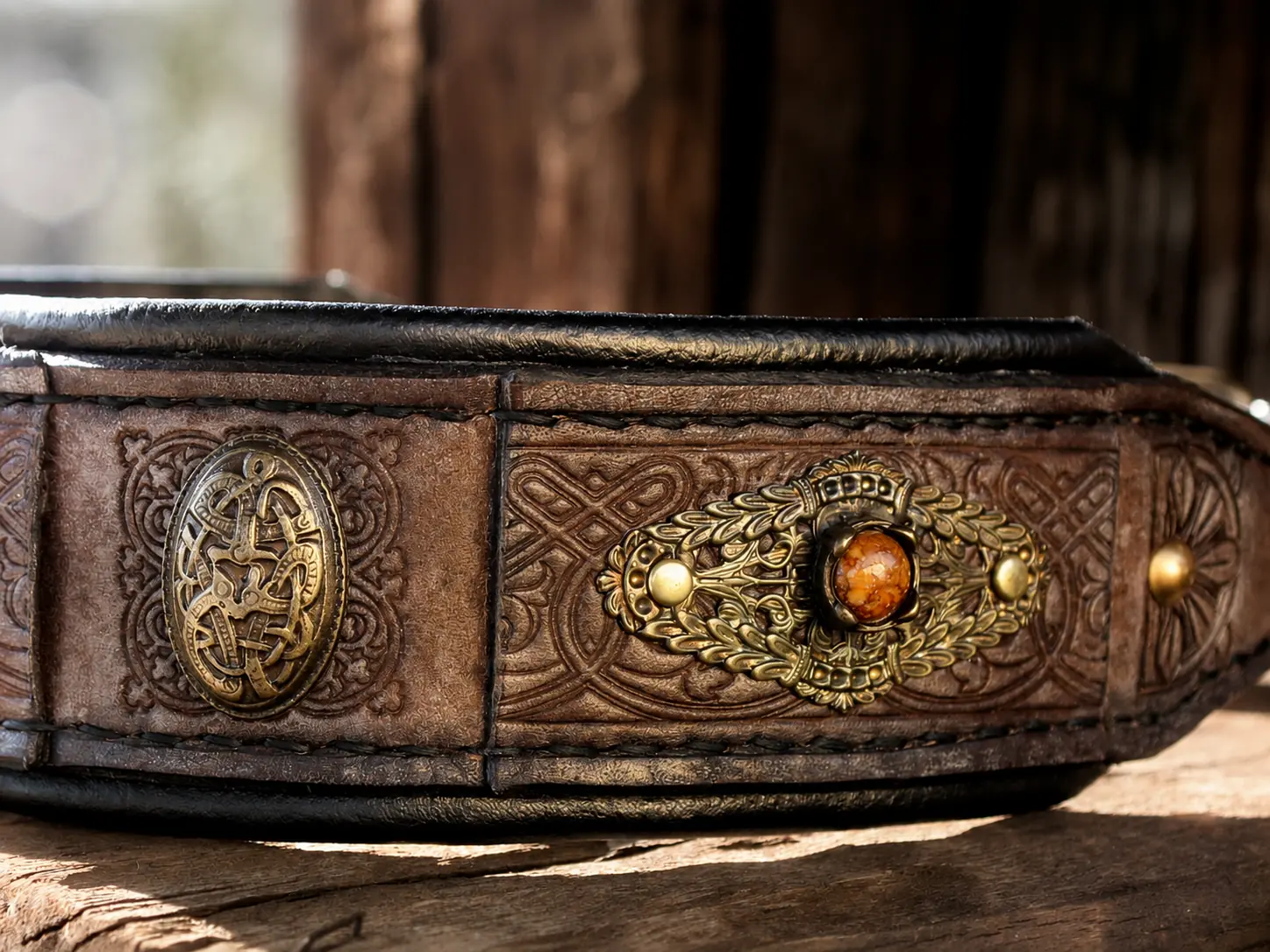 Rustic leather dog collar with amber details and filigree by SAURI