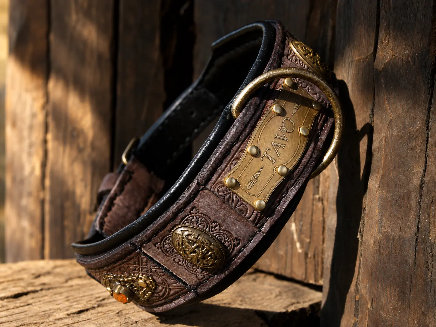 Rustic leather dog collar with nameplate SARDI by SAURI