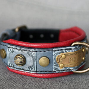 Small red and grey leather dog collar by Workshop Sauri