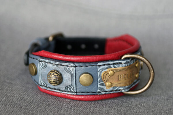 Small red and grey leather dog collar by Workshop Sauri