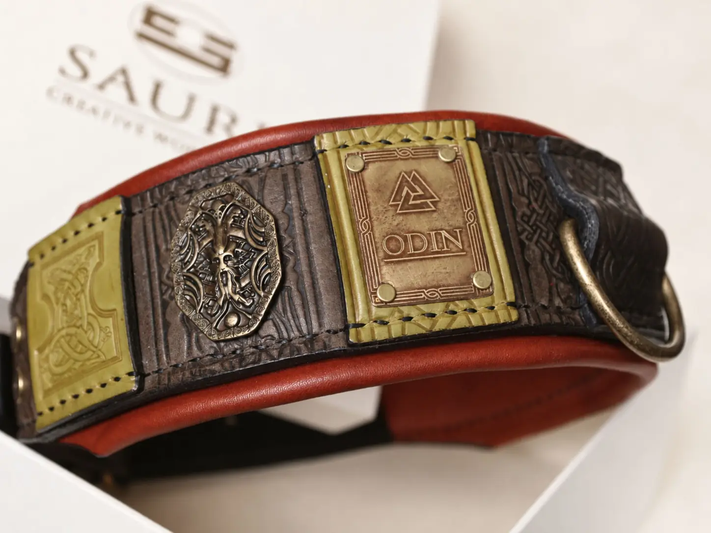 Soft terracotta leather padding on the handmade ODIN big dog collar