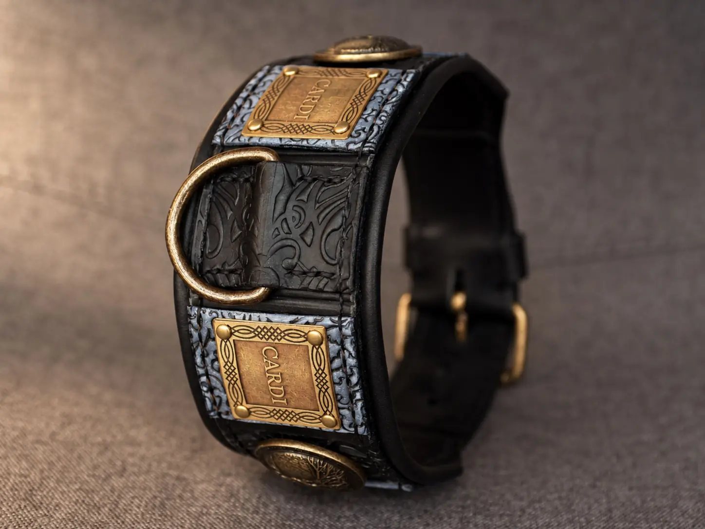 Soft padded black and grey luxury leather dog collar by SAURI