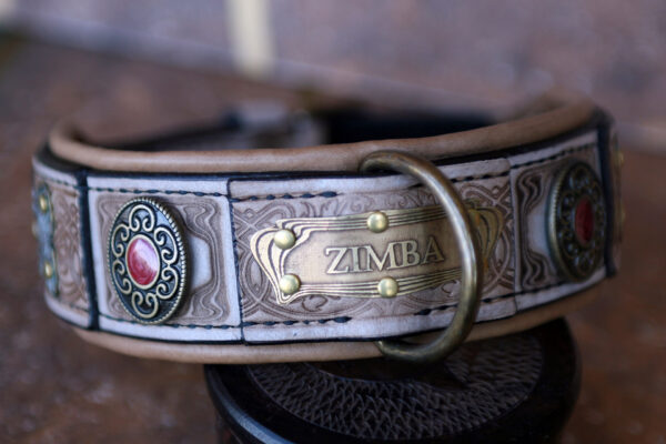 Tan leather dog collar with nameplate by Workshop Sauri