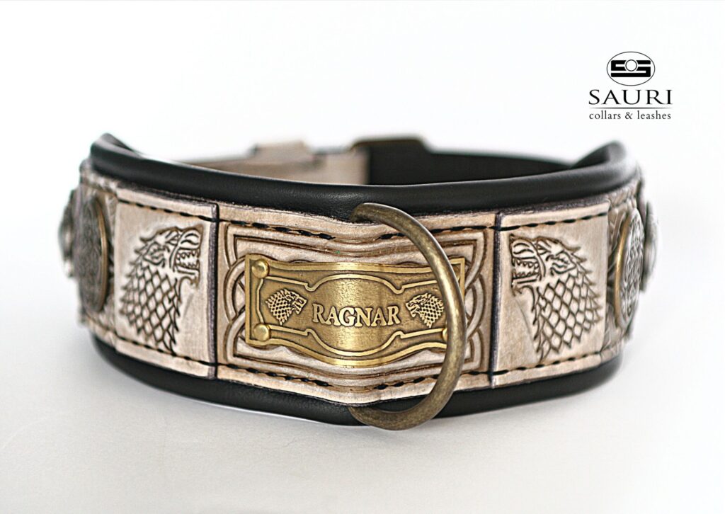 RAGNAR Viking warrior leather dog collar with name Sauri Dog Collars