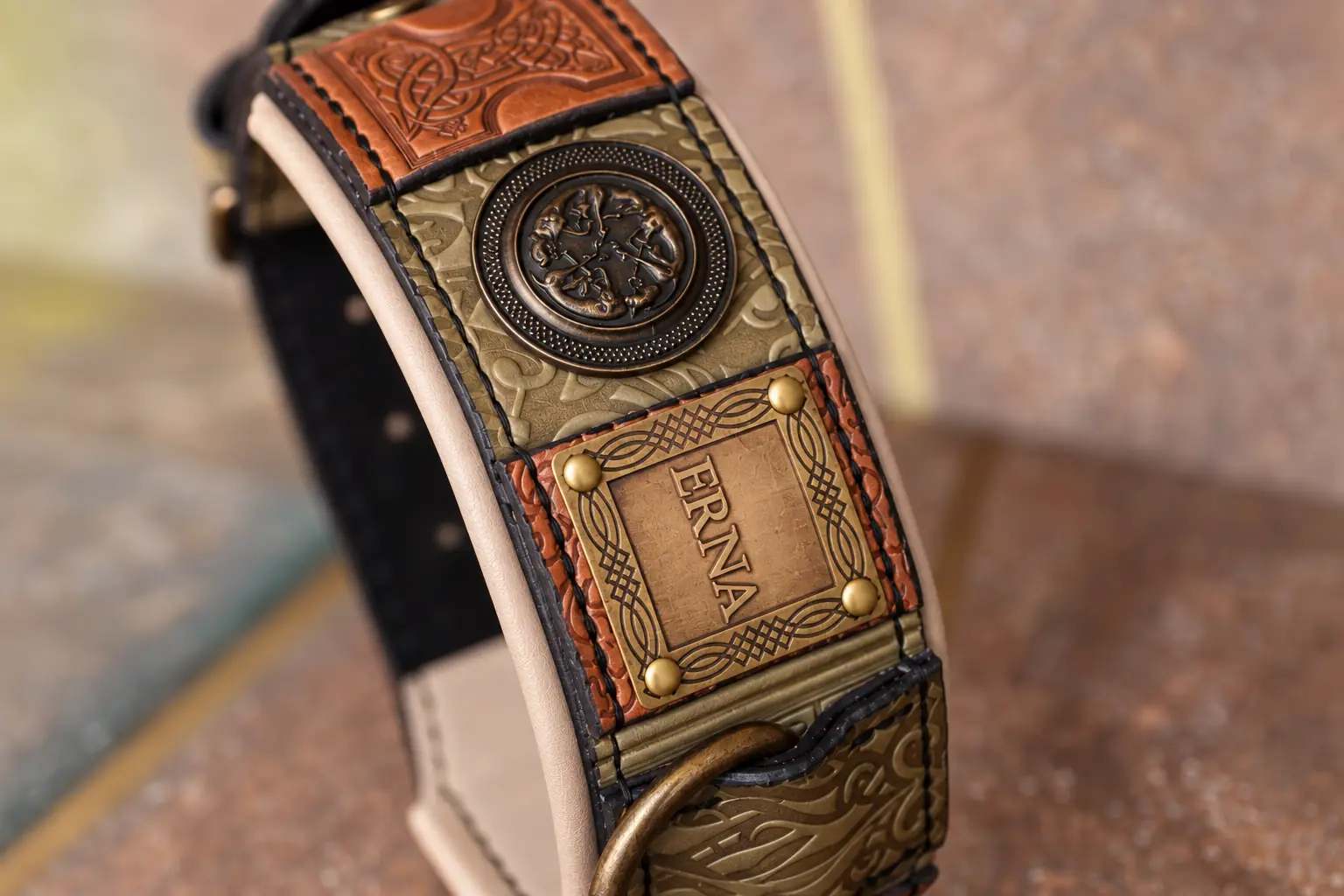 Wide leather dog collar with nameplate Green Imperial by SAURI