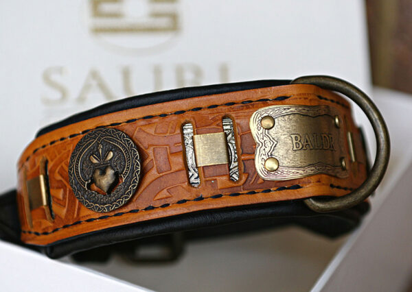 Premium handmade leather dog collar with name BALDR by SAURI