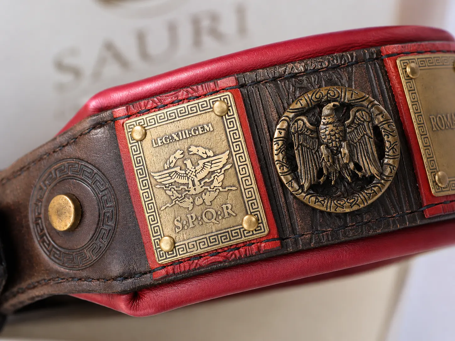 Custom engraved Roman dog collar by SAURI eagle detail