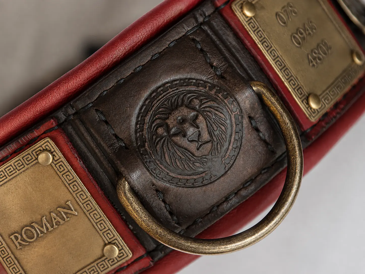 Personalized SPQR Roman dog collar by SAURI lion detail
