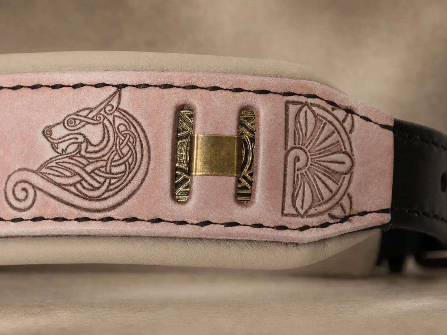 Pink handmade leather dog collar with Fenrir embossing by SAURI
