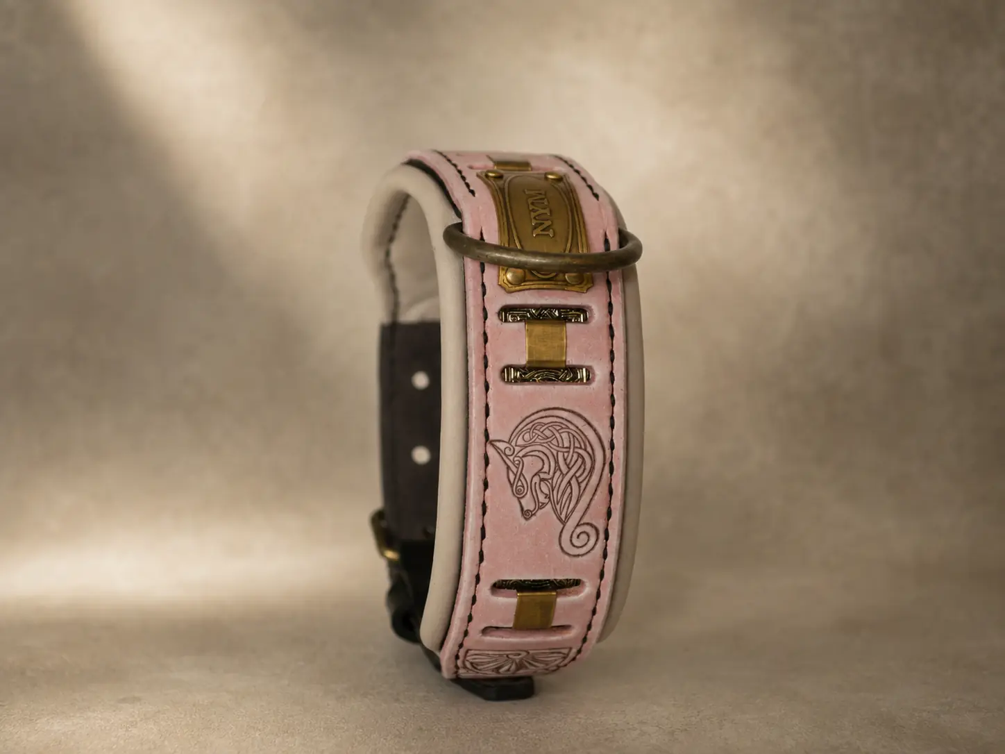 Pink handmade leather dog collar with nameplate by SAURI