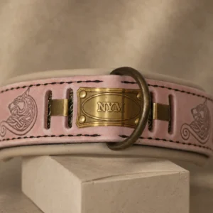 Pink leather dog collar with brass nameplate and golden embossing by SAURI